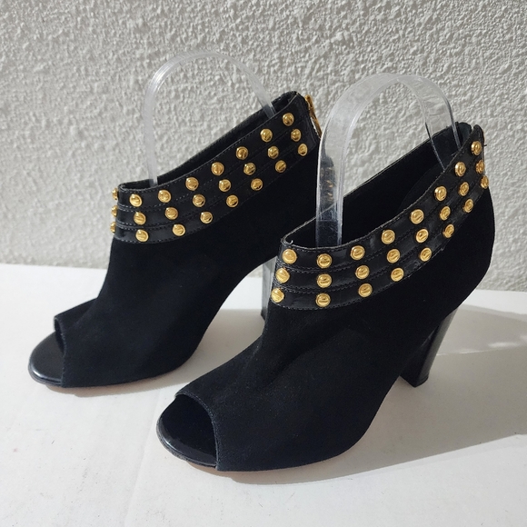 Kat Maconie Black Suede Peep Toe Ankle Booties Gold Studs Zip Heel US 8 EU 39 - Picture 1 of 12